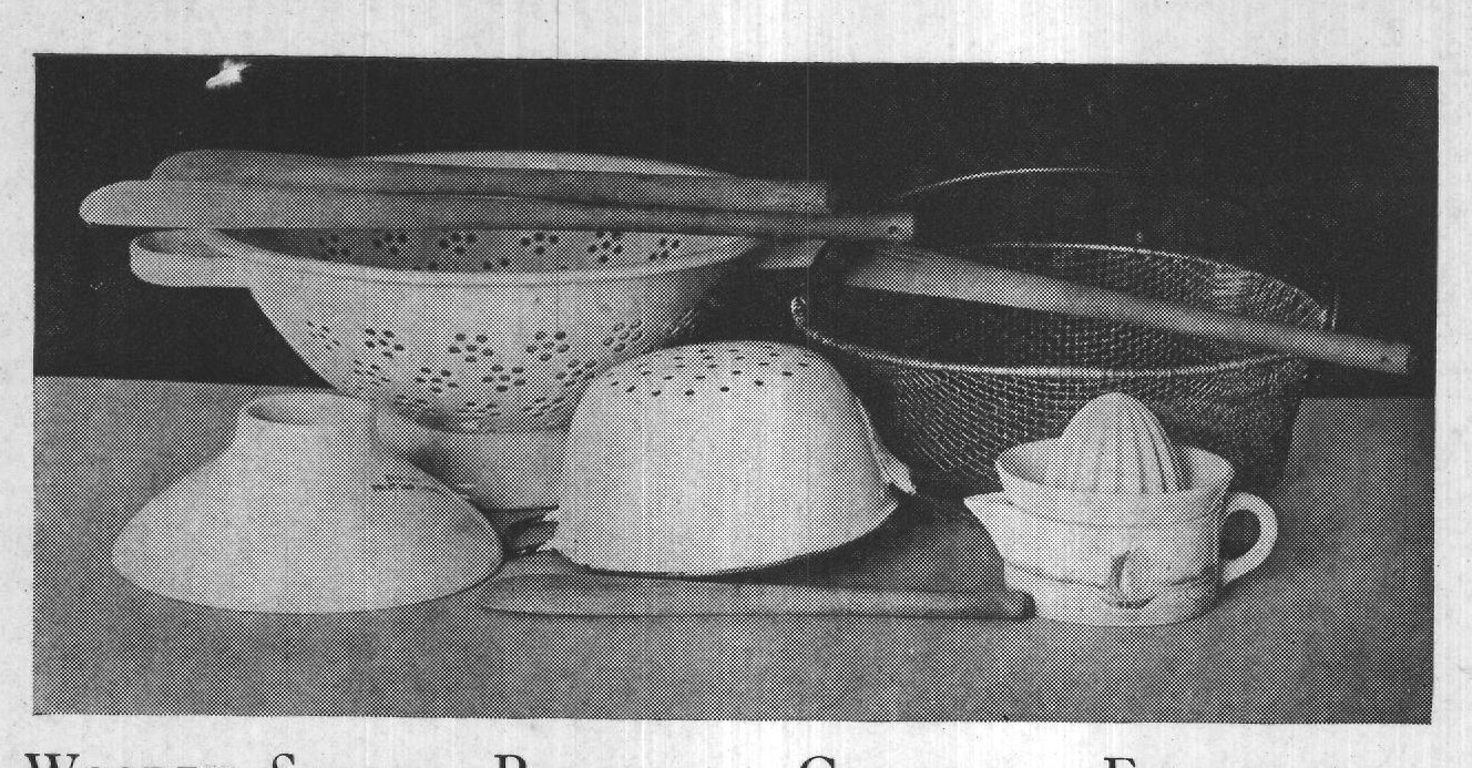WOODEN SPOONS, PORCELAIN COLANDER, FUNNEL, AND