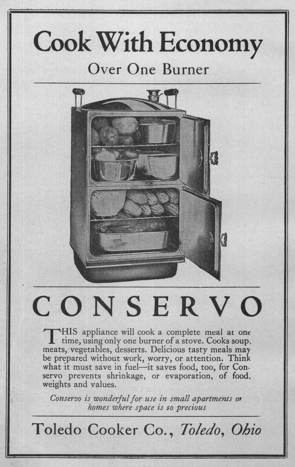 Conservo — from Choice Recipes and How to Operate a Fireless Cookstove (1920)