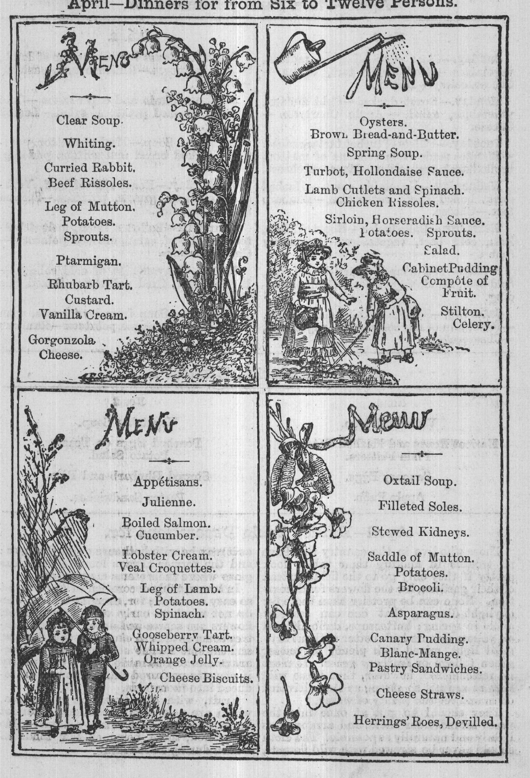 April-Dinners for from Six to Twelve Persons.