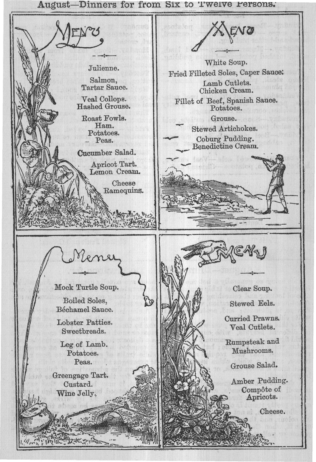 August-Dinners for from Six to Twelve Persons.