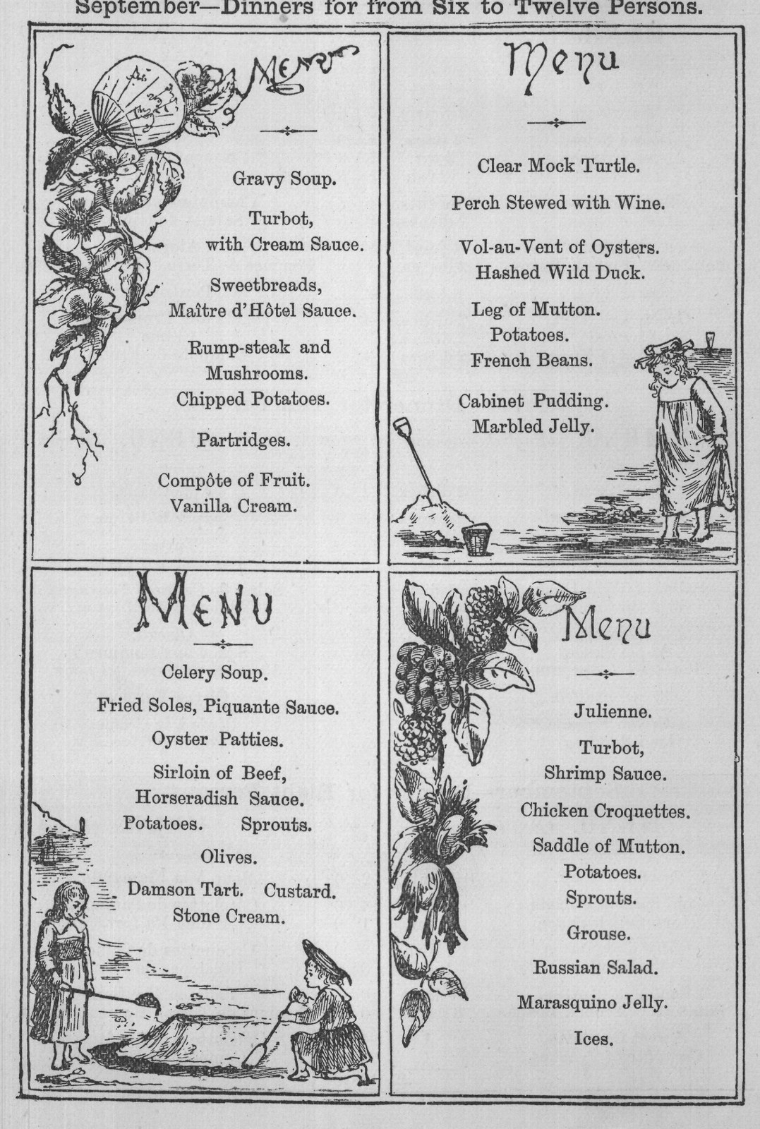 September-Dinners for from Six to Twelve Persons.